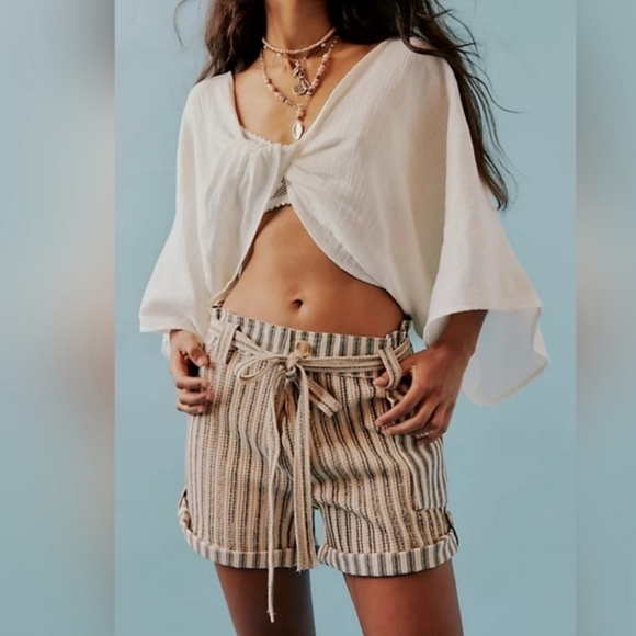 Free People One Harrison Tan Black Stripe Cargo Shorts Size Large